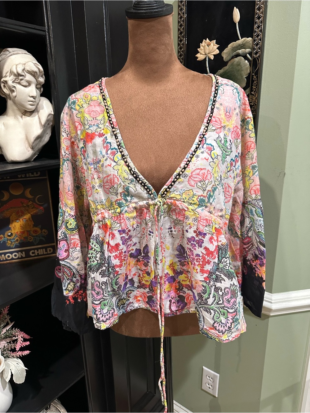 Natural Life Isabella Style Floral Bell Sleeve Boho Top XL